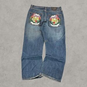 Ed Hardy Jeans Mens 38x34 Blue Y2K Grunge Baggy Wide-Leg Skater Embroidered